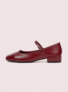 CUCCOO DOLLMOD Fashionable Maroon Mary Jane Chunky Heel Flats For Christmas Spring Shoes - Burgundy - View 6