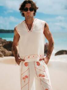 HIMLAND Men's Casual Woven Coconut Tree & Shell Print Vest & Pants 2 Pieces Set