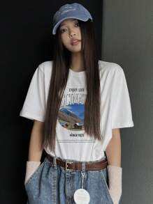 DAZY Camiseta blanca de mujer con cuello redondo y manga corta, estampado gráfico, camiseta oversize para primavera/verano
