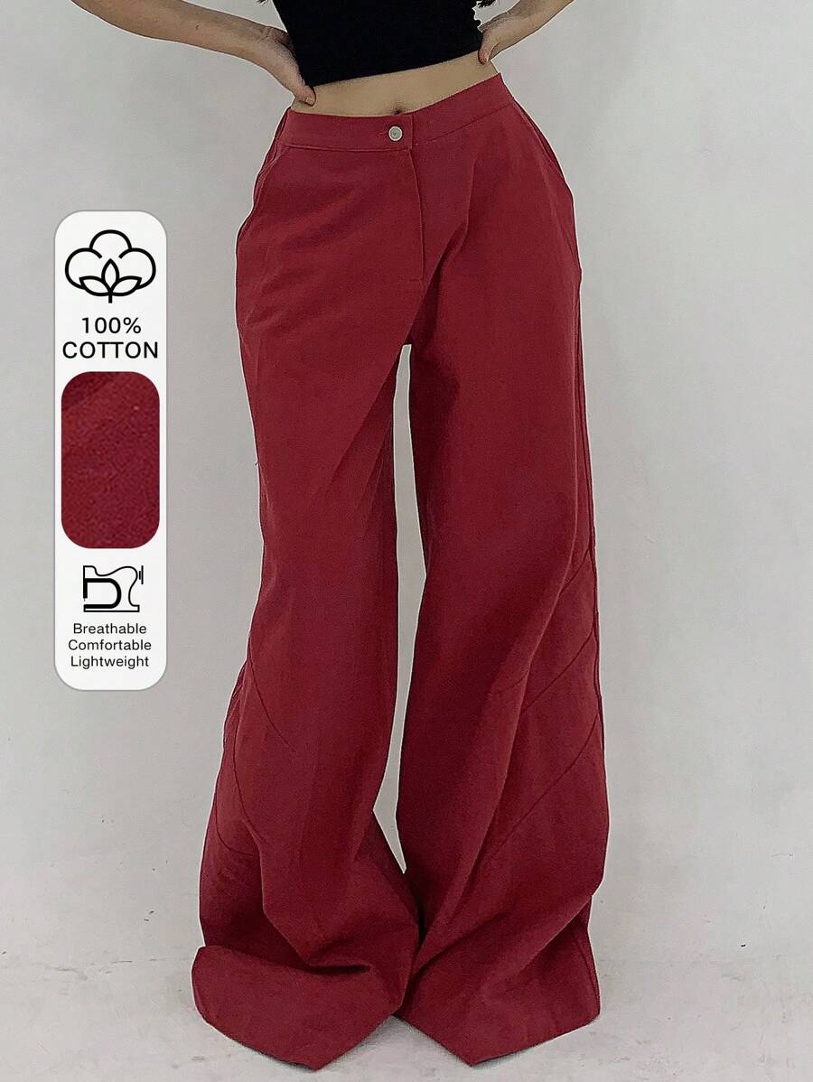 Women's Red Low Waist Loose Wide Leg Pants - Red - View 1