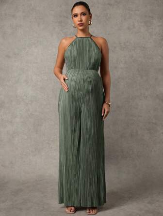 MaterniChic Maternity Summer Casual Solid Color Sleeveless Jumpsuit