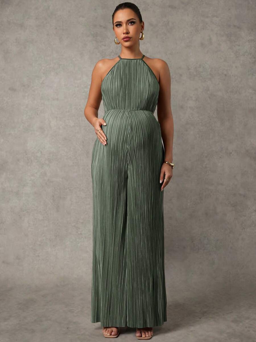 MaterniChic Maternity Summer Casual Solid Color Sleeveless Jumpsuit