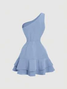 SHEIN MOD 蓝色梦幻浪漫连衣裙，不对称下摆搭配荷叶边，适合约会、派对、节日、茶会、生日等场合 - 淺藍色 - 查看 2