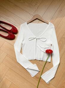 Comfortcana Western Music Festival White Ribbed Knotted Long Sleeve Knit Top For Women In Fall/Winter - White - View 7