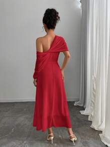 Rafferiza Women's Elegant Long Solid Color Dress With Shawl Collar, Spring/Summer - Red - View 2