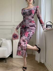 DAZY 女士修身方领植物印花沙滩连衣裙，扎染，高开衩长袖，度假装，秋季碎花长裙 - 中紫紅色 - 查看 7