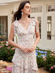 SHEIN LUNE Woven Ditsy Floral Vacation Bowknot V-Neck Ruffle Hem Dress - White - View 3