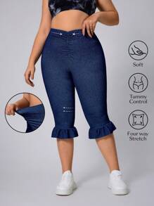 SHEIN Essnce Plus Size Women Batik Print Ruffle Hem Skinny Stretchy Knit Apple Bottom Casual Jeans