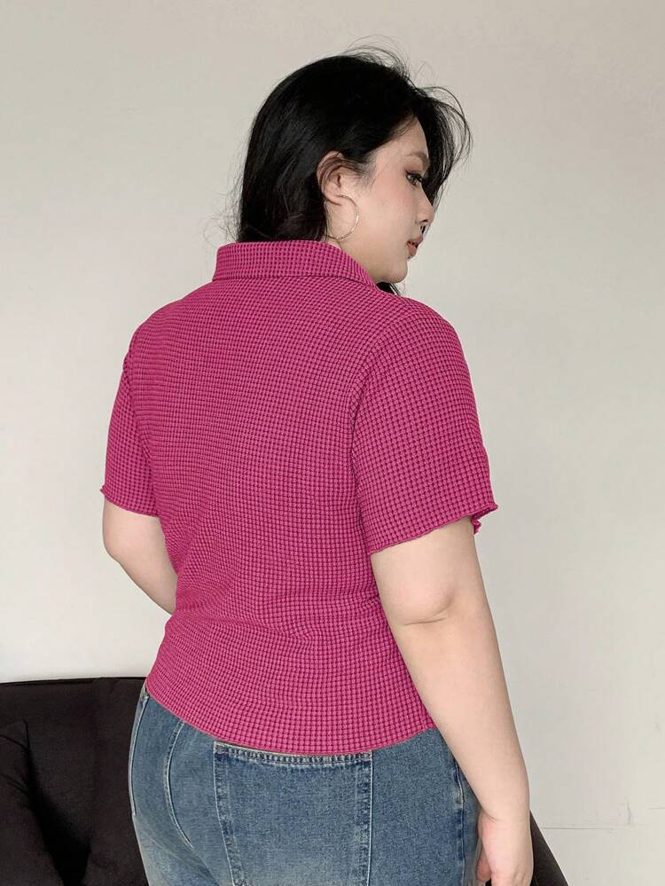 Dazy Plus Plus Size Textured Fabric Collared Form-Fitting Short Sleeve T-Shirt, Spring/Summer Women Summer Clothing,Crop Tops Women