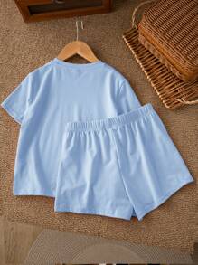 SHEIN Leap Crew 2PCS/Set Tween Girls Casual Simple Short Sleeve Shorts Set, Suitable For Summer - Blue - View 3