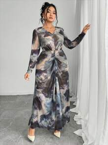 Modelyn Plus Size Elegant Tie Dye Print Ruched Dress Women Dresses Birthday Graduation Dress - Multicolor - View 6