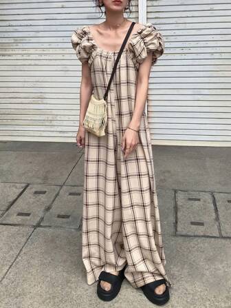 FRIFUL レディース パフスリーブ プリーツ チェック パッチ付き ルーズ コントラストカラー ジャンプスーツ、カジュアル夏コーデ、フリル