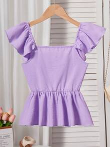SHEIN Tween Girls' Textured Fabric Cap Sleeve Blouse With Bow Back Design - Mauve Purple - View 2