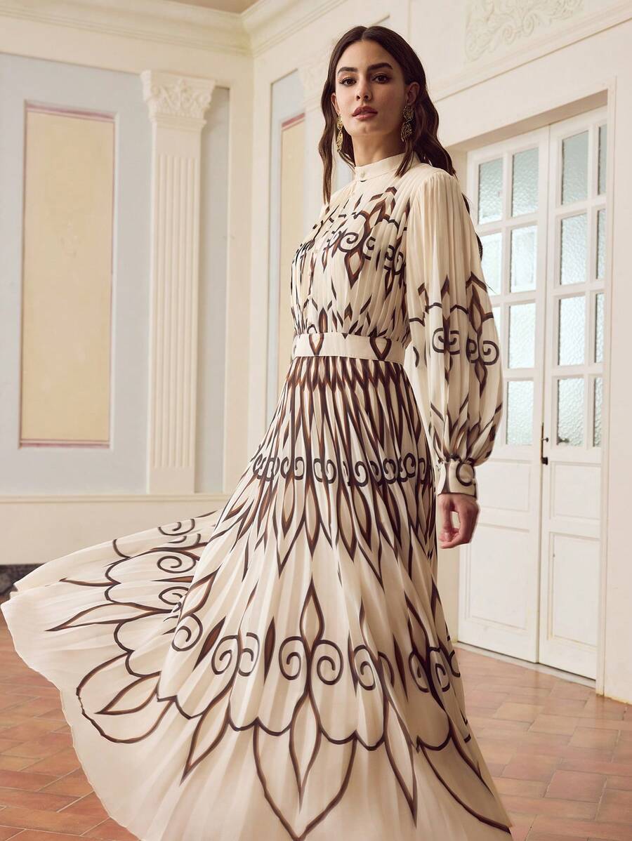 ZEYLAH Vestido plisado de manga larga con estampado geométrico