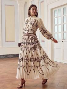 ZEYLAH Vestido plisado de manga larga con estampado geométrico