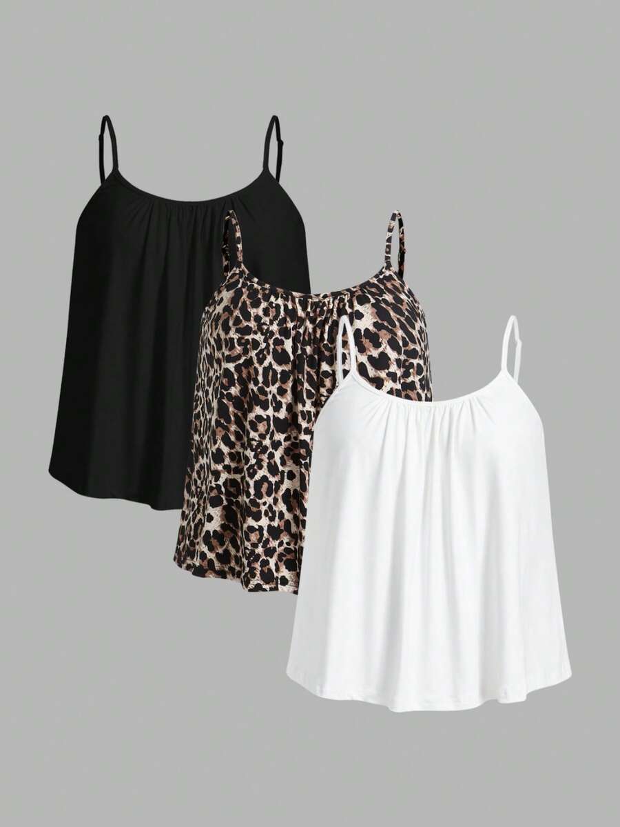 SHEIN EZwear 3件套加大码女式褶皱宽松吊带背心,可调节肩带,适合春夏穿着 - 彩色 - 查看 1
