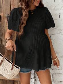 SHEIN Maternity Solid Color Round Neck Embroidered Short Sleeve Casual T-Shirt - Black - View 6