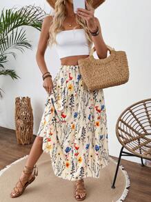 Breezaya Women's Casual Apricot Base Floral Print Drawstring Waist Maxi Skirt, Suitable For Spring/Summer Holiday - Multicolor - View 5