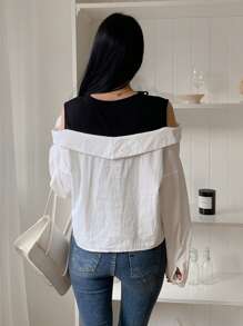 DAZY Women Color Block Long Sleeve Off Shoulder Blouse Summer - White - View 2