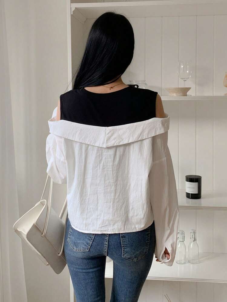 Women Color Block Long Sleeve Off Shoulder Blouse Summer