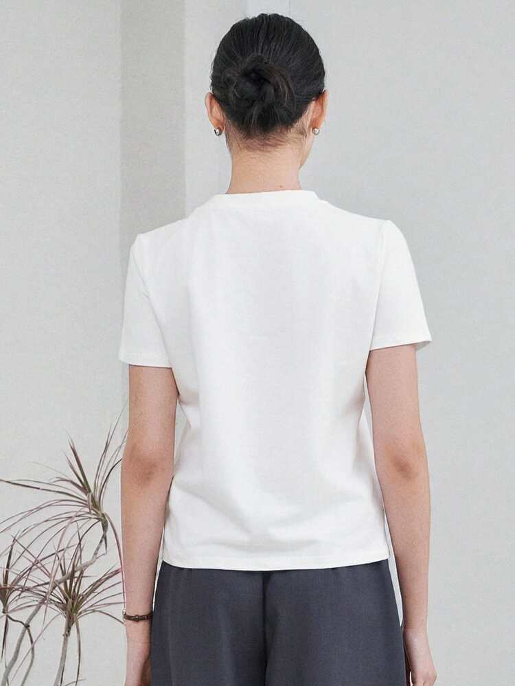 Old Money Embroidered Pattern Loose Fit Short Sleeve Round Neck Women T-Shirt, Casual Spring/Summer,Business Casual Women