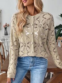 SHEIN LUNE 女士宽松纯色镂空单扣开衫，适合度假穿着 - 白色 - 查看 6