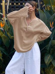Livesso Blusa suelta de manga larga con cuello redondo de unicolor para vacaciones de verano