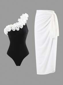 SHEIN 2pcs/Set Women's White Lace Patchwork Halter One Piece Swimwear With Tie Wrap Skirt Beachwear Set, Summer - Black - View 1