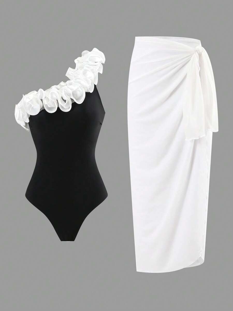 SHEIN 2pcs/Set Women's White Lace Patchwork Halter One Piece Swimwear With Tie Wrap Skirt Beachwear Set, Summer - Black - View 1