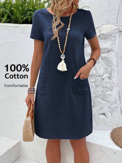 EMERY ROSE Women's Solid Color Short Sleeve Casual Dress, Summer