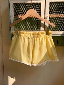 Comfortcana Women's Yellow Gingham Mini Shorts: Casual Woven Fabric Paperbag Waist Shorts With Ruffle Trim - Yellow - View 6