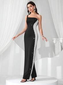 Coutiva 奢华闪亮拼色正式舞会礼服，优雅迷人的名人高端风格，派对礼服，适合晚会、婚礼宾客 - 黑色 - 查看 3