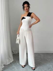 Elenzga Women's Asymmetric Shoulder Ruched Color-Block Jumpsuit - Apricot - View 4