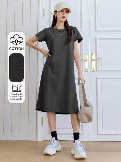 DAZY Women's Round Neck Short Sleeve Dress With Letter Print Design Sundress,Casual Women Dresses