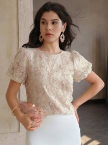 DAZY Blusa de mujer con cuello redondo, manga abullonada, textura floral y adornos de strass - Rosa - Ver 4