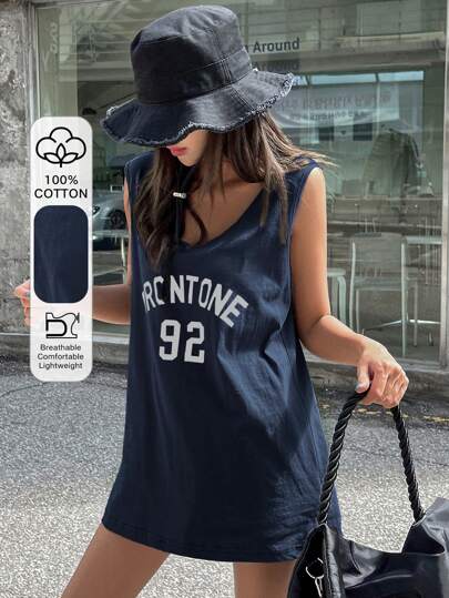 DAZY 女式运动风格字母和数字印花背心，适合夏季街头风格学院风上衣