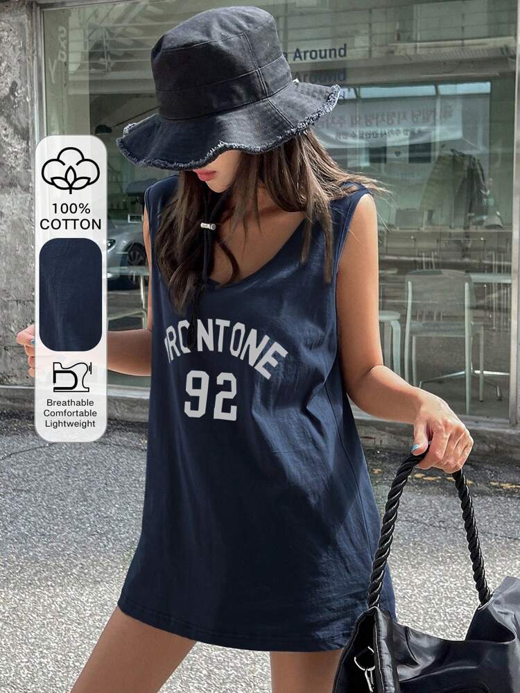 Women's Sports Style Alphabet & Number Printed Tank Top, Suitable For Summer Streetwear Preppy Tops