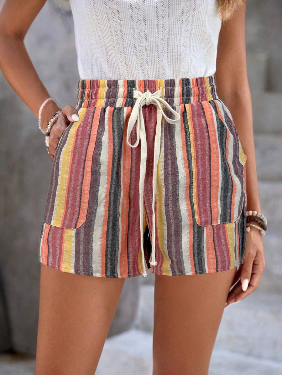Travachic Summer Beach Striped Drawstring Waist Slant Pocket Shorts,Bohemian Clothes - Multicolor - View 1
