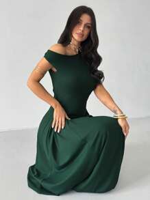 Firerie New Spring/Summer Women Elegant Casual Minimalist Holiday Outdoor Activity Festival Outing Asymmetric Neckline & Sleeve Pleated Waist Green A-Line Sleeveless Maxi Knit Dress Dresses For Wedding Event - Green - View 7