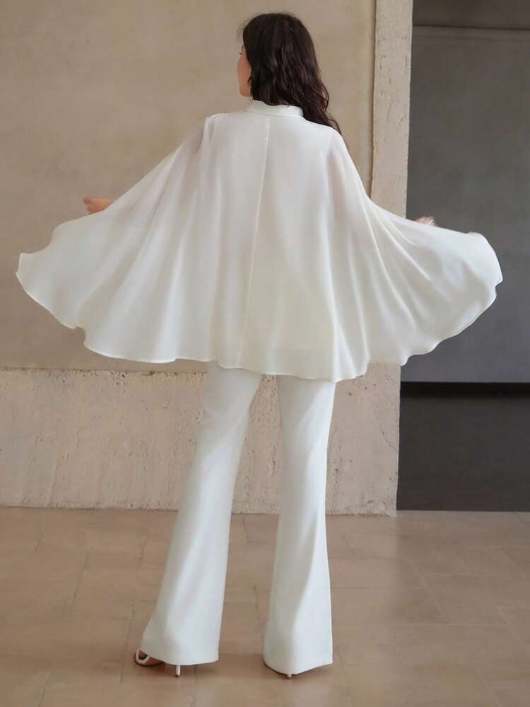 2pcs Set Women Solid Color Single Breasted Cape Shirt & Long Pants,Ruffle