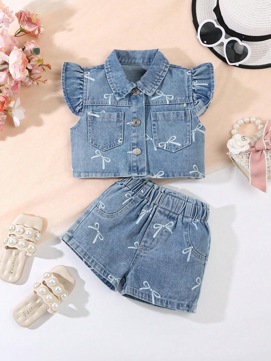 Young Girl' Casual Cute Bow Print Short Cap Sleeve Denim Set - Light Wash - View 1