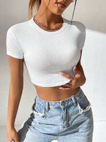 SHEIN EZwear Camiseta crop unicolor tejido de canalé - Blanco - Ver 6