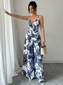 Elenzga 女士优雅细肩带连体裤，褶皱腰身设计 - 藍白色 - 查看 3