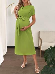 SHEIN Maternity Bat Wing Scoop Neck A-Line Dress - Green - View 5