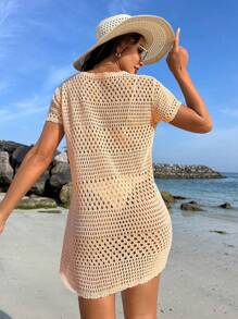 Swim Vcay Women's Vacation Solid Color Round Neck Short Sleeve Hollow Cover-Up Dress For Summer - Champagne - View 2