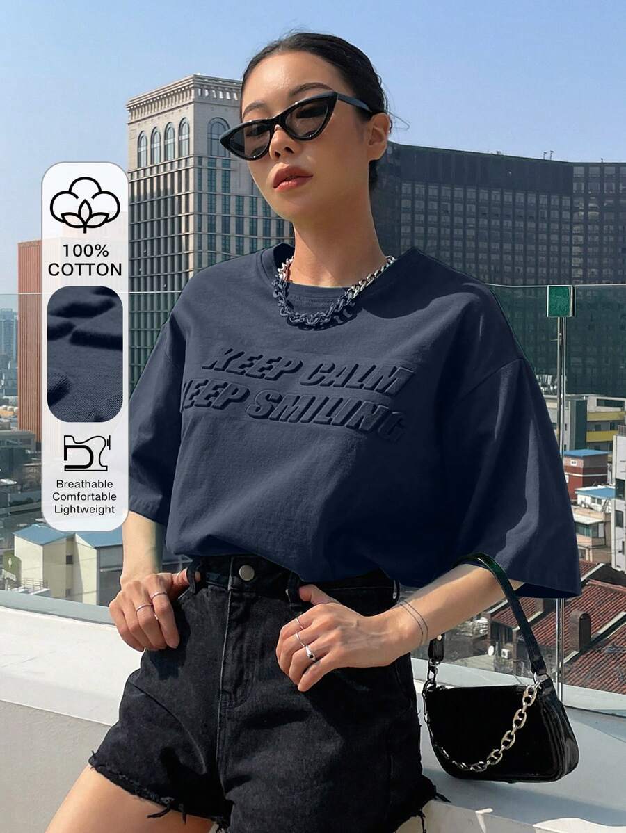 DAZY Áo phông hở vai họa tiết khẩu hiệu KEEP CALM KEEP MILING Áo phông cỡ lớn - Màu xanh hải quân - Xem 1