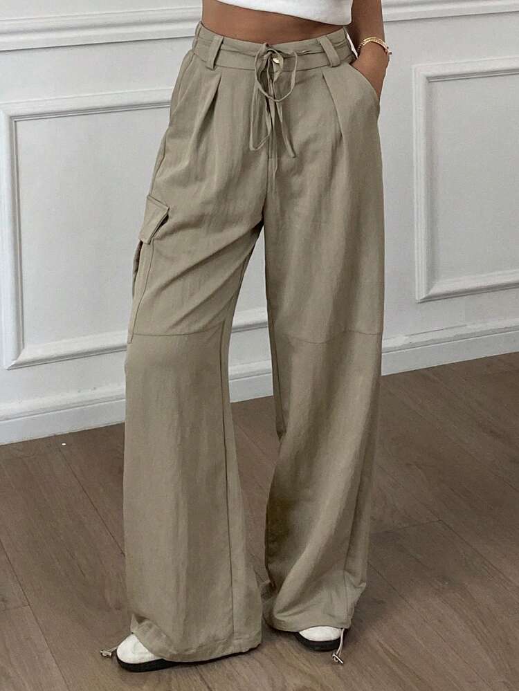 Women's Solid Color Loose Pocket Belt Cargo Pants, Casual Street-Style Summer Trousers