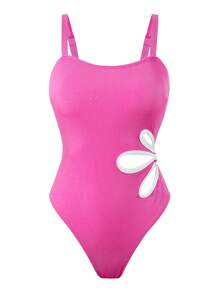 SHEIN Swim Women Textured Shiny Elegant Solid Color Wide Strap Hollow Out Flower One-Piece Swimsuit, Casual Resort Style For Summer Beach Vacation - Hot Pink - View 3