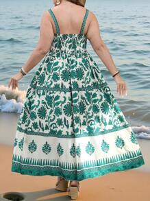 SHEIN Holidaya Abito estivo alla moda, retrò ed elegante, con stampa floreale verde, senza maniche, adatto per vacanze