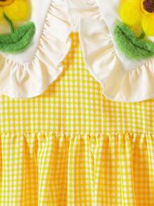 Girls' Gingham Print Ruffled Collar Lantern Sleeve Midi Dress With Floral Decor, Suitable For Casual Wear, Outings, Family Gatherings, Great Choice For Young Young Girl